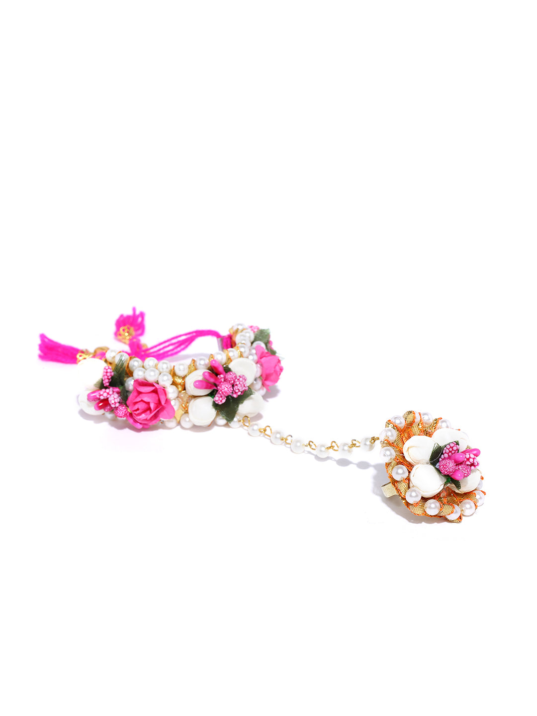 Pink Floral Necklace Bracelet  Maang Teeka Set