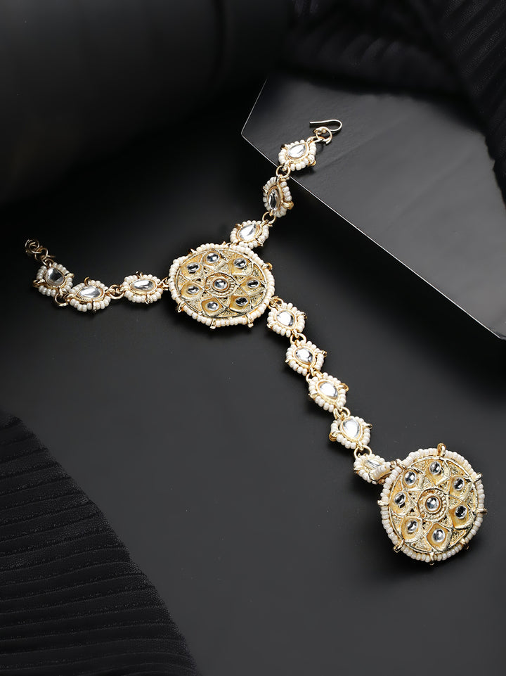 White Floral Kundan Link Gold-Plated Haathphul