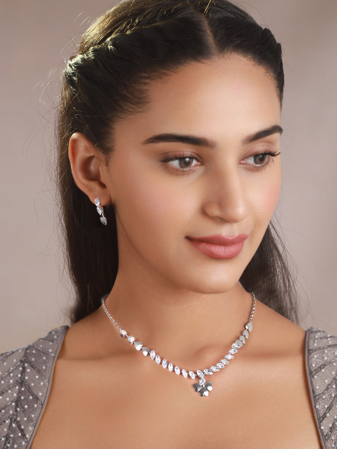 Priyaasi Heart Leaf AD Silver-Plated Jewellery Set
