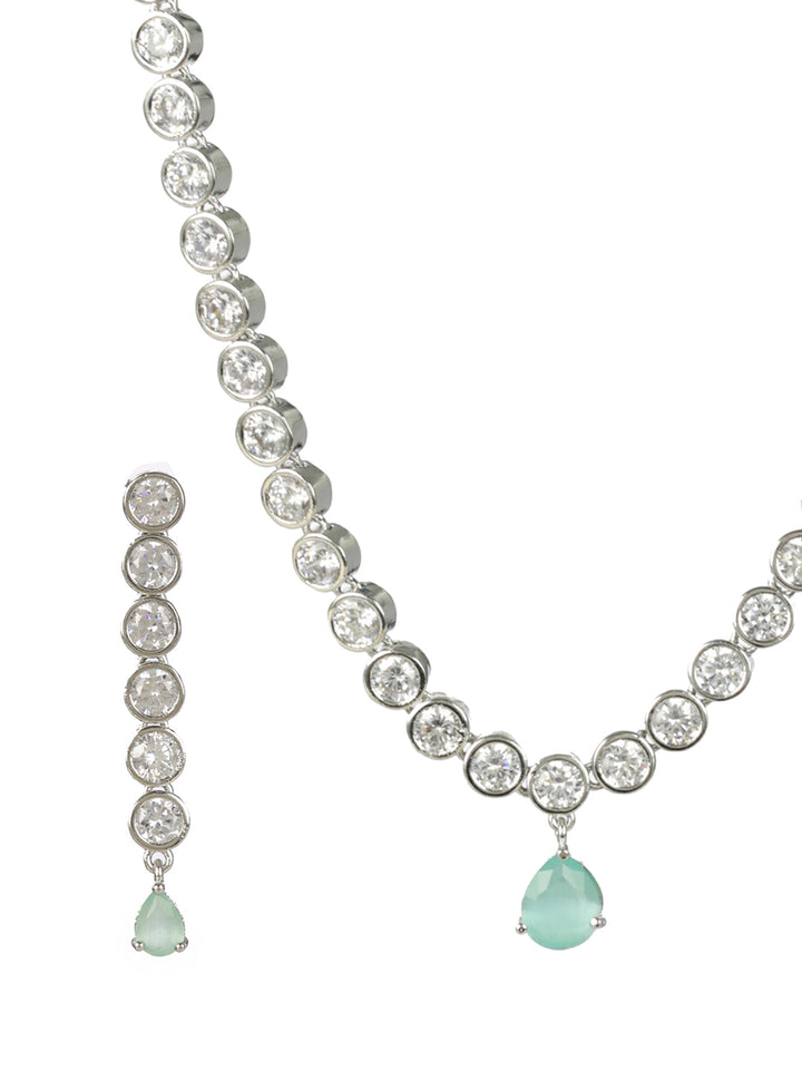 Priyaasi Mint Green AD Silver-Plated Jewellery Set
