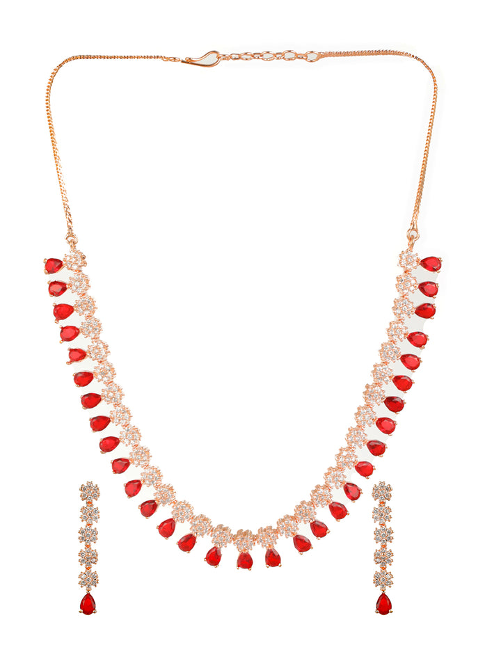 Priyaasi Red Floral AD Rose Gold-Plated Jewellery Set