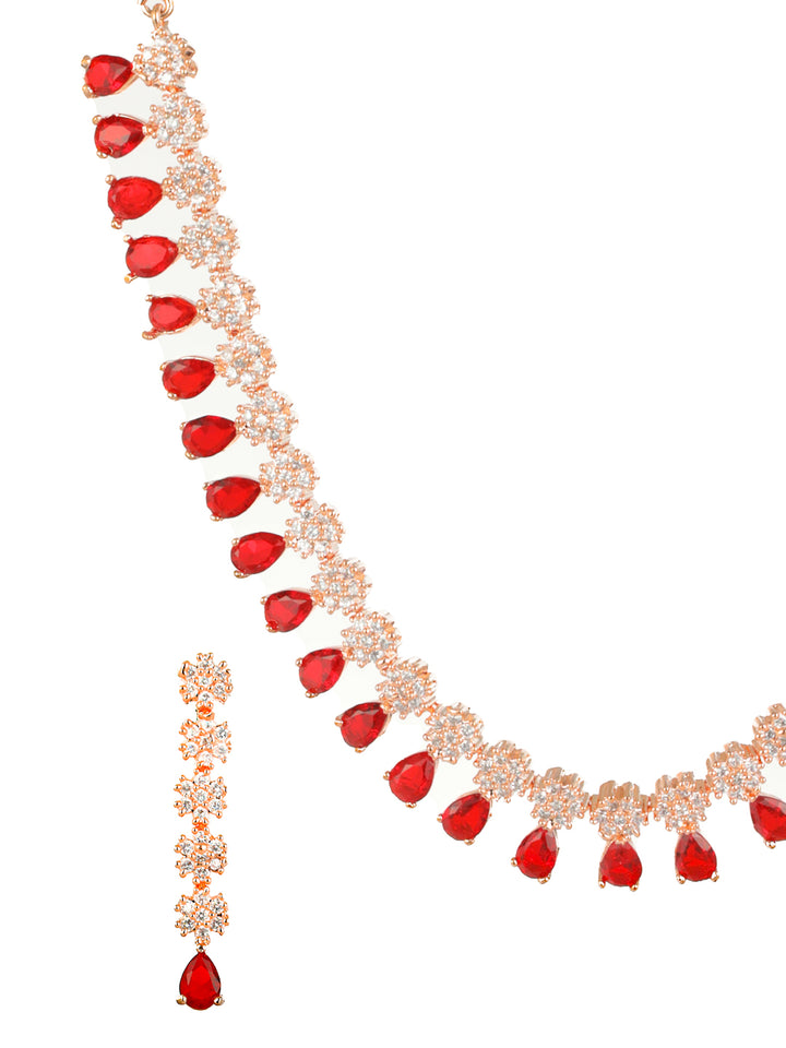 Priyaasi Red Floral AD Rose Gold-Plated Jewellery Set