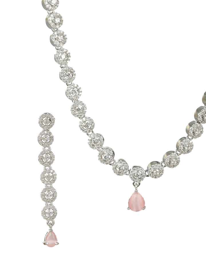 Priyaasi Pink Floral AD Silver-Plated Jewellery Set