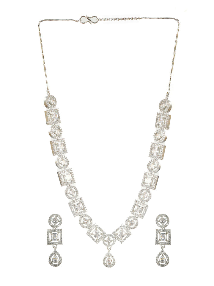 Priyaasi Geometric Halo AD Silver-Plated Jewellery Set