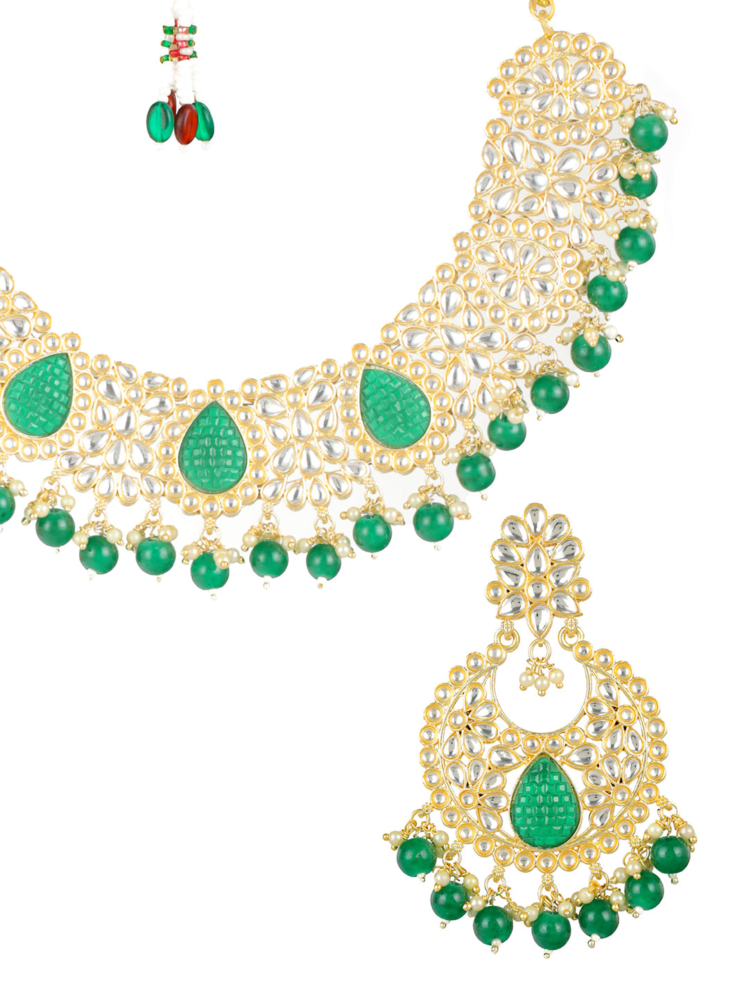 Priyaasi Green Floral Kundan Gold-Plated Jewellery Set with Maangtikka