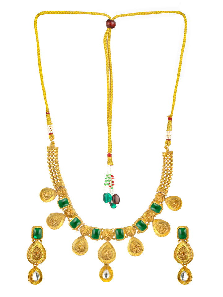 Priyaasi Studded Green Leaf Gold-Plated Jewellery Set