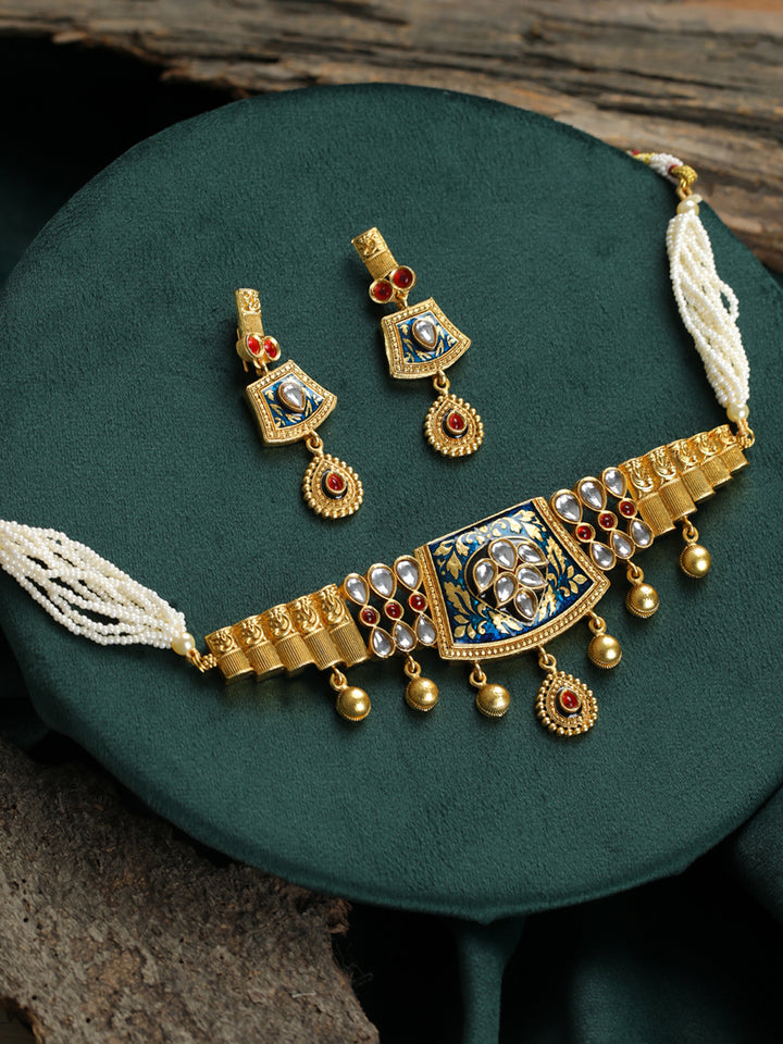 Priyaasi Blue Kundan Meenakari Gold-Plated Choker Jewellery Set