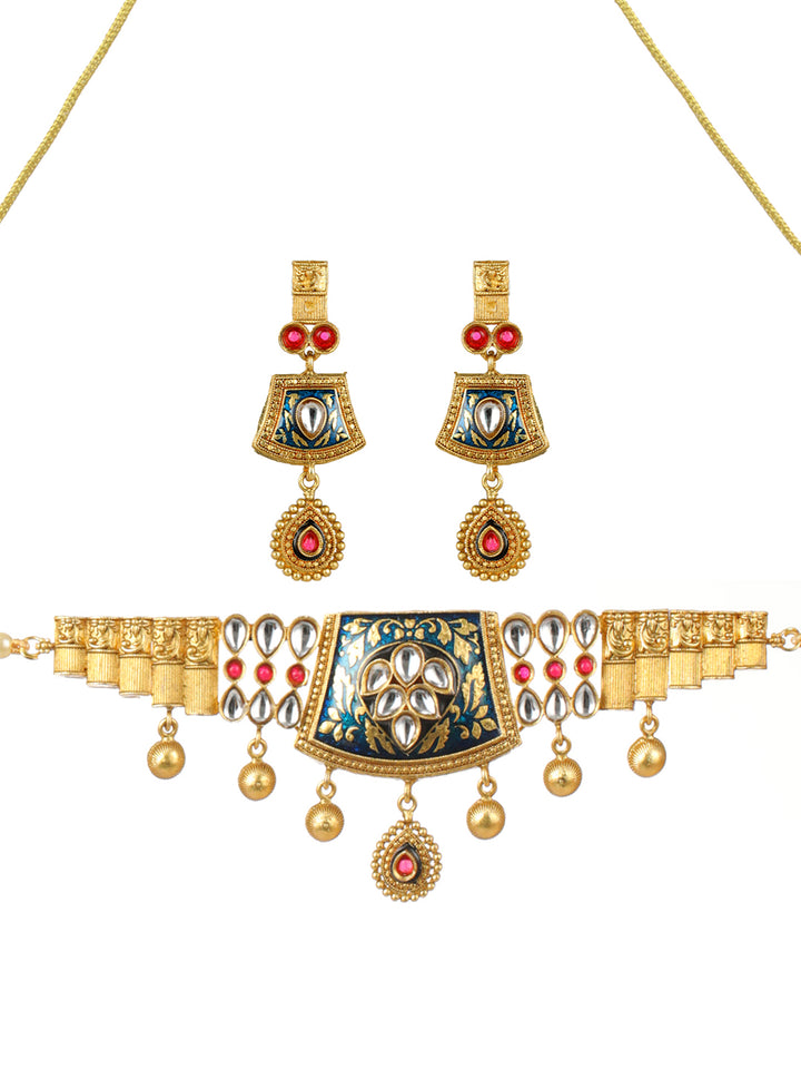 Priyaasi Blue Kundan Meenakari Gold-Plated Choker Jewellery Set