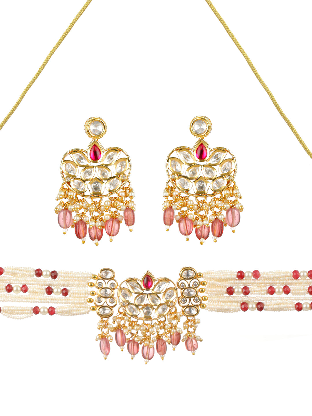 Priyaasi Studded Pink Multilayer Gold-Plated Choker Jewellery Set