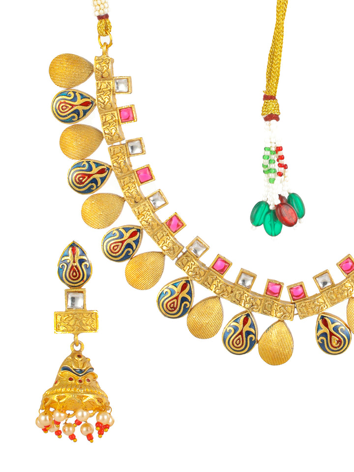 Priyaasi Studded Blue Leaf Meenakari Gold-Plated Jewellery Set
