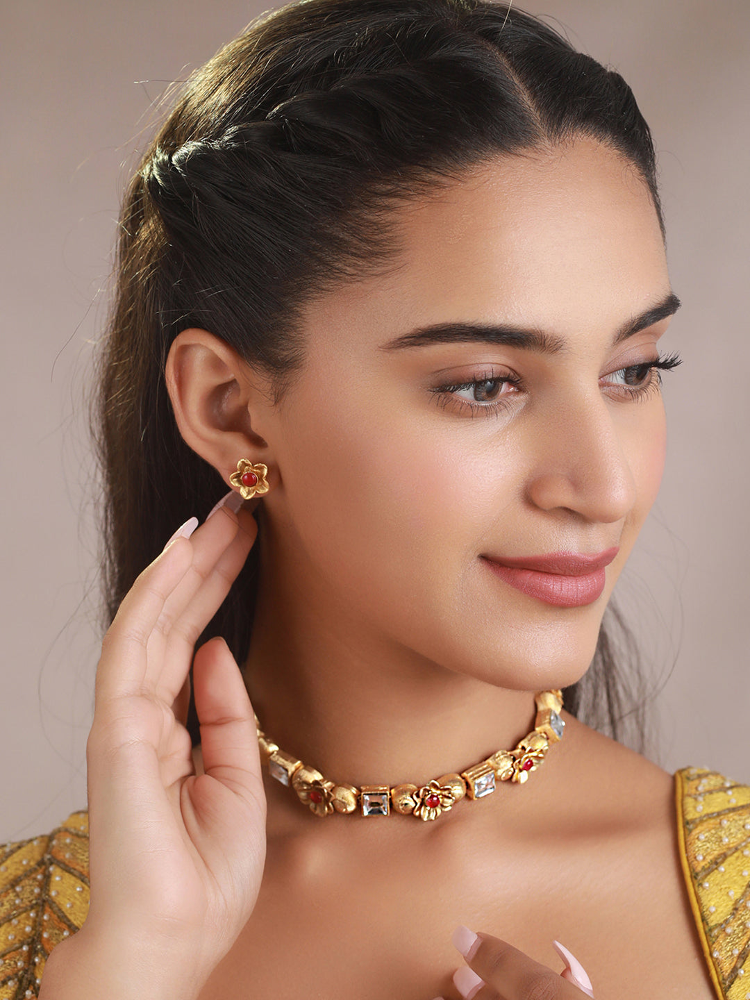Priyaasi Pink Studded Floral Gold-Plated Jewellery Set