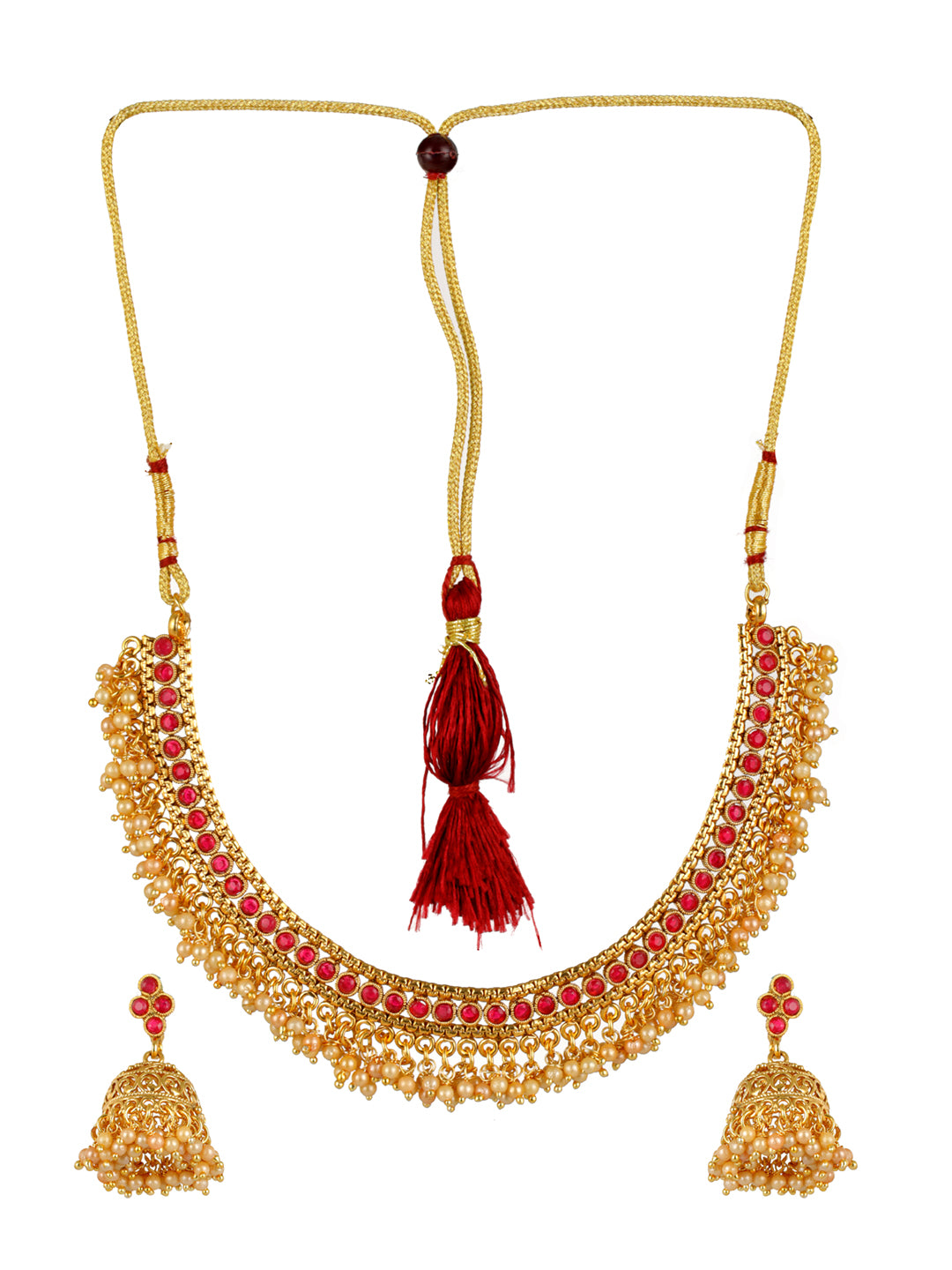 Priyaasi Pink Studded Floral Pearl Gold-Plated Jewellery Set