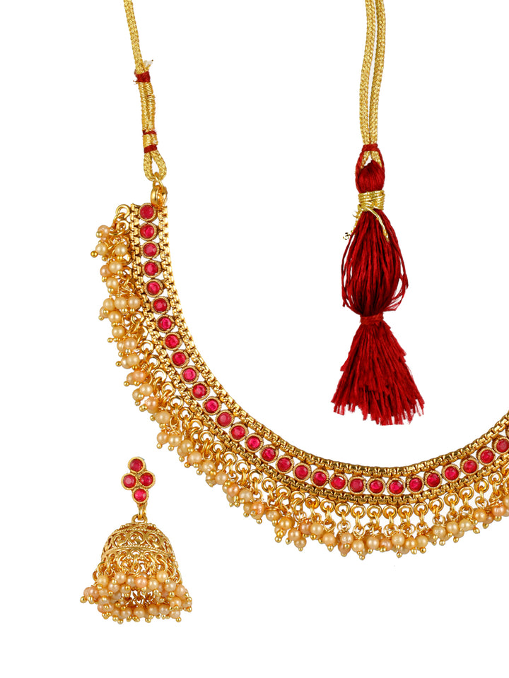Priyaasi Pink Studded Floral Pearl Gold-Plated Jewellery Set