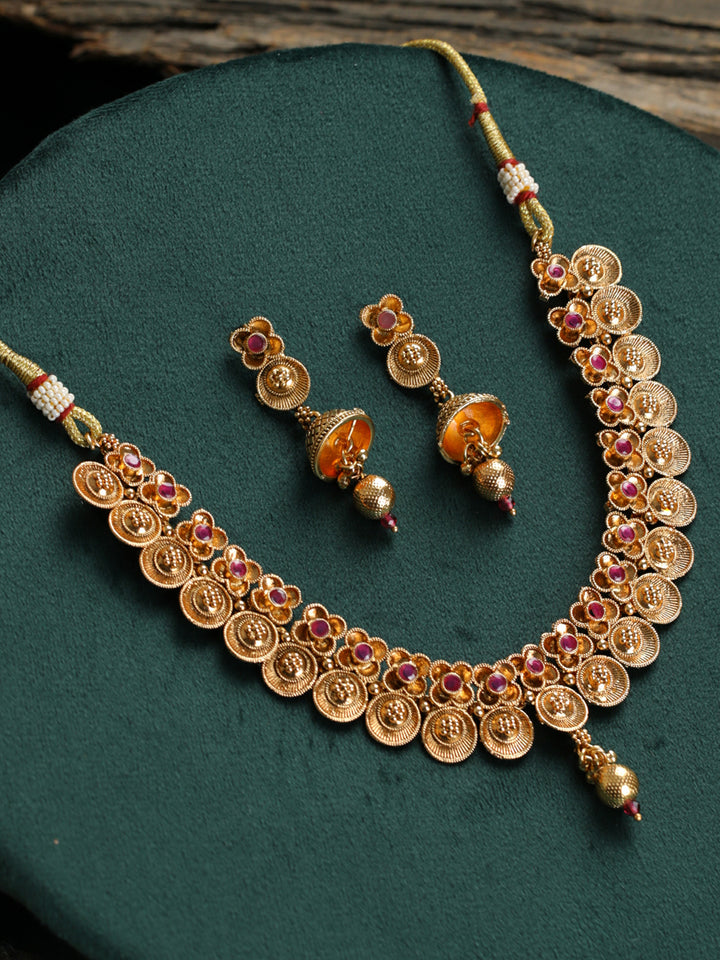 Priyaasi Floral Pink Stone Studded Gold-Plated Jewellery Set