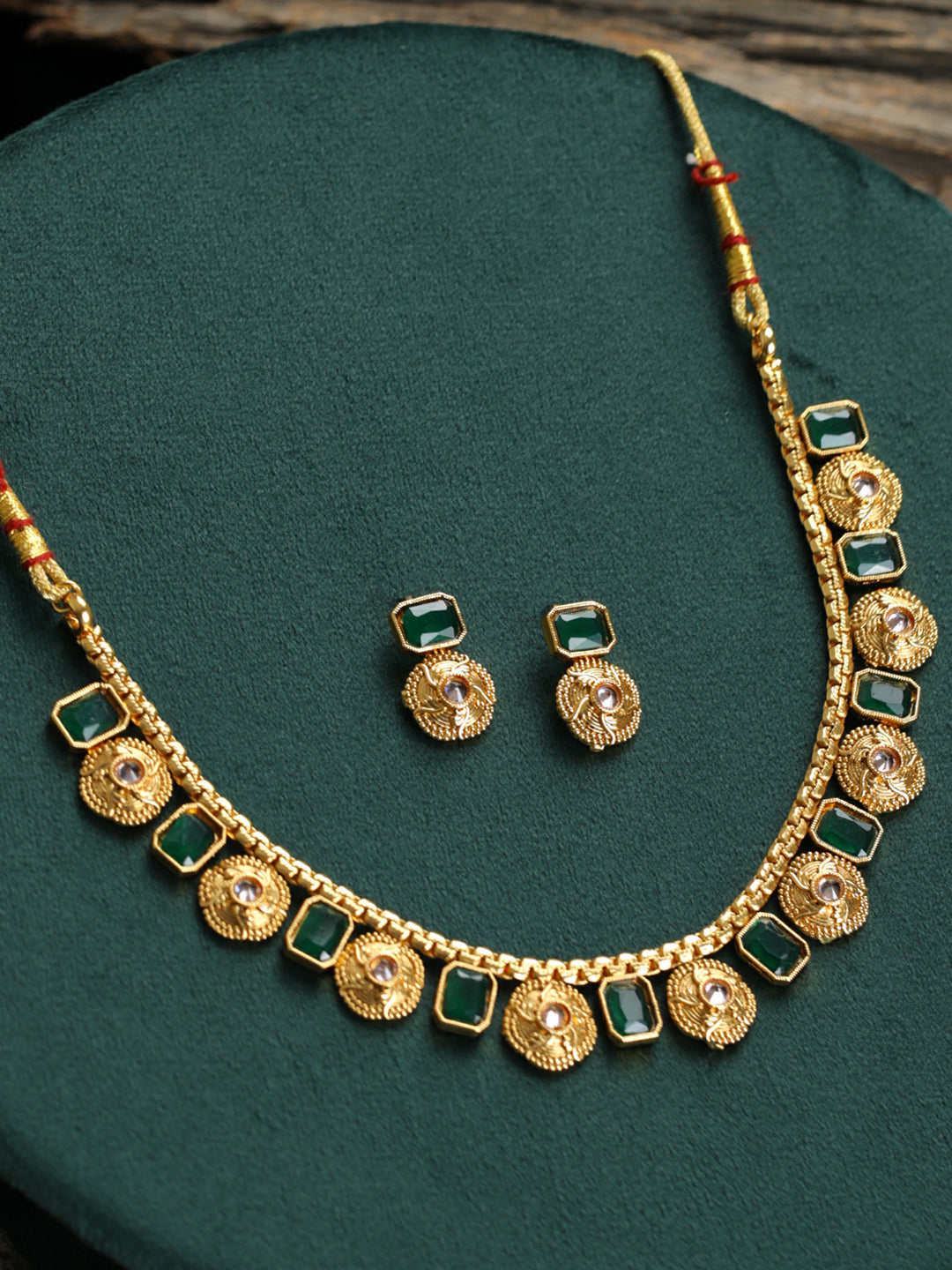 Priyaasi Studded Green Floral Gold-Plated Jewellery Set