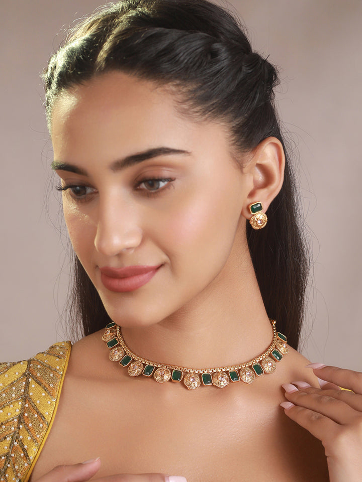 Priyaasi Studded Green Floral Gold-Plated Jewellery Set