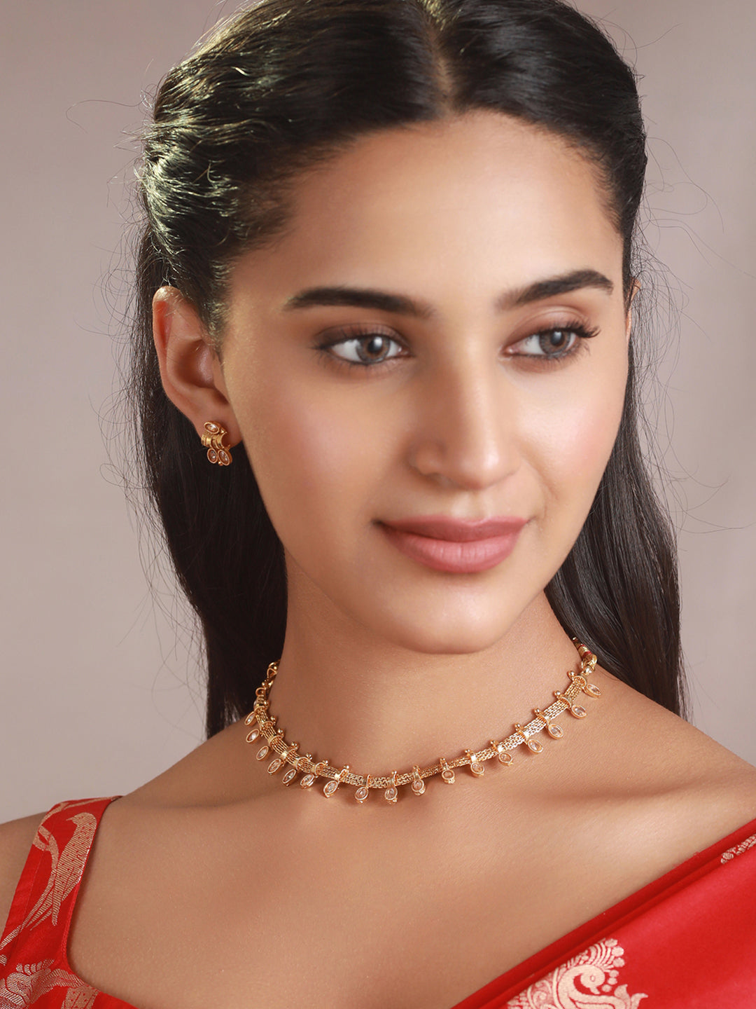 Priyaasi Minimal Studded Leaves Gold-Plated Jewellery Set
