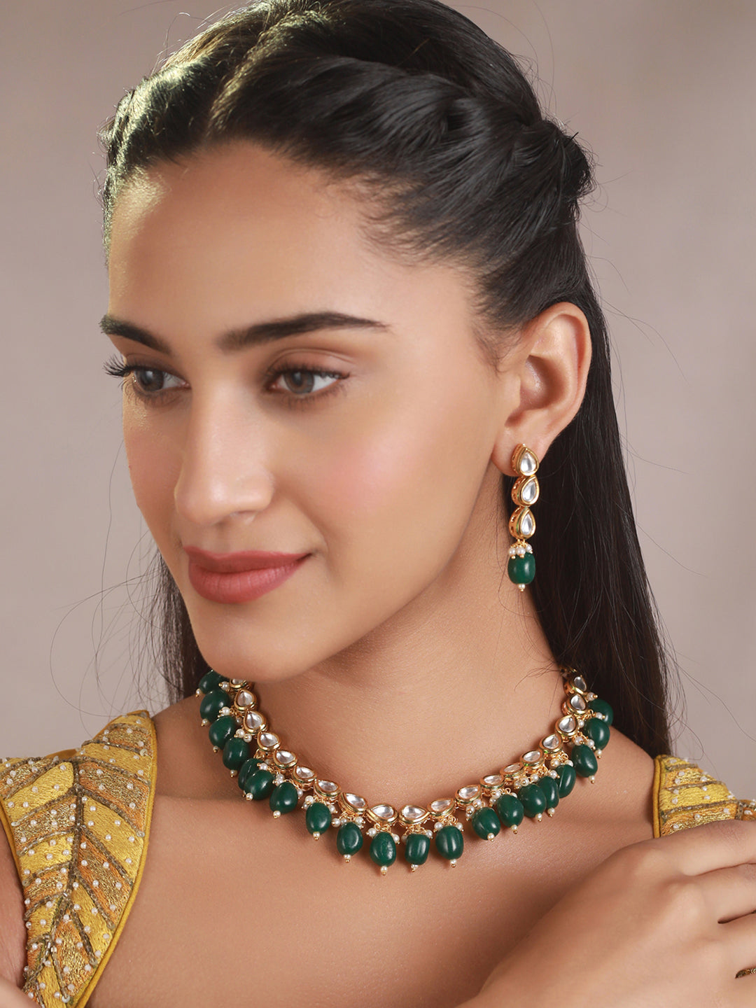 Priyaasi Green Leaf Kundan Studded Gold-Plated Jewellery Set