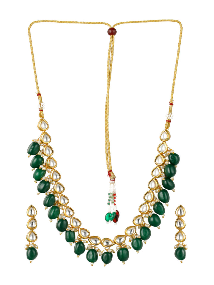 Priyaasi Green Leaf Kundan Studded Gold-Plated Jewellery Set