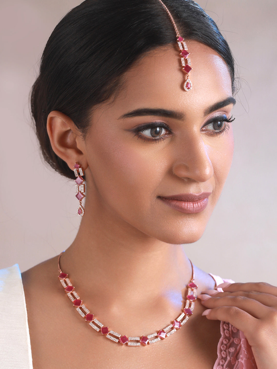 Priyaasi Pink AD Rose Gold-Plated Jewellery Set with Maangtikka