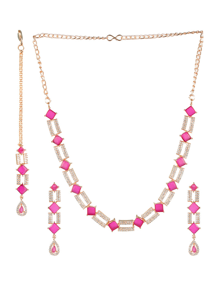 Priyaasi Pink AD Rose Gold-Plated Jewellery Set with Maangtikka