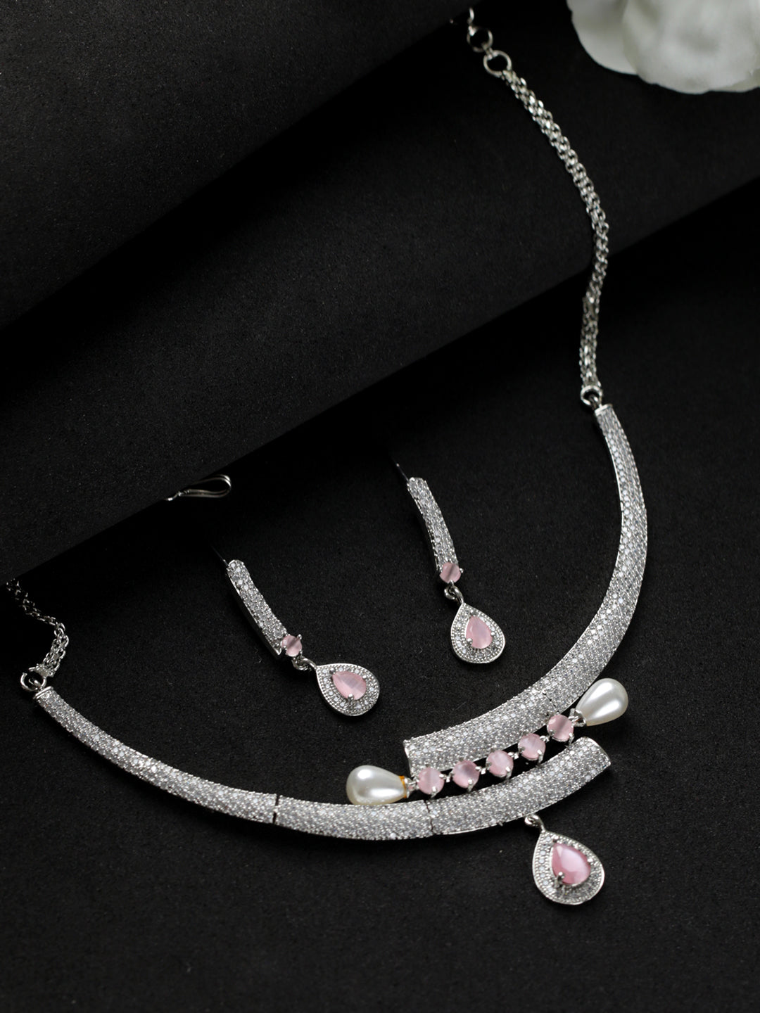 Priyaasi Pink AD Silver-Plated Pear Drop Jewellery Set