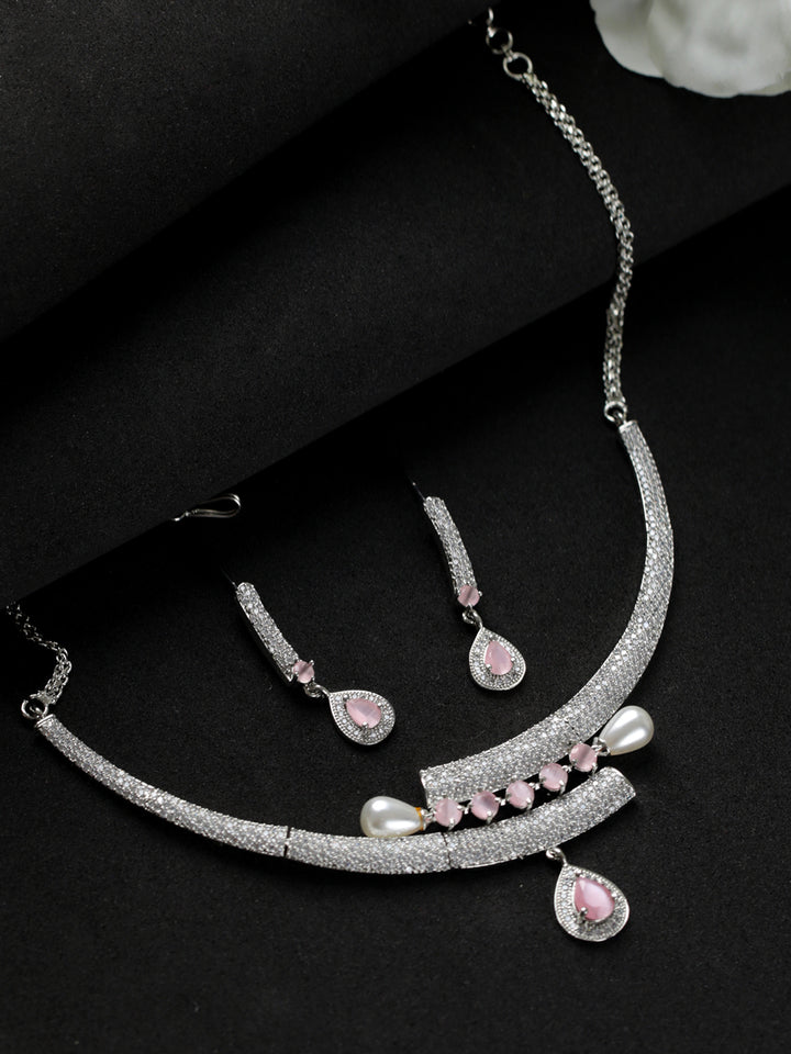 Priyaasi Pink AD Silver-Plated Pear Drop Jewellery Set