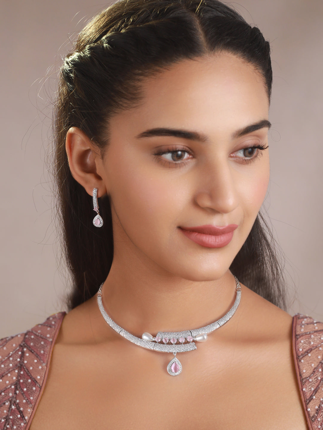 Priyaasi Pink AD Silver-Plated Pear Drop Jewellery Set