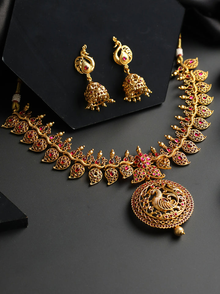 Priyaasi Pink Peacock Kemp Stones Gold-Plated Jewellery Set