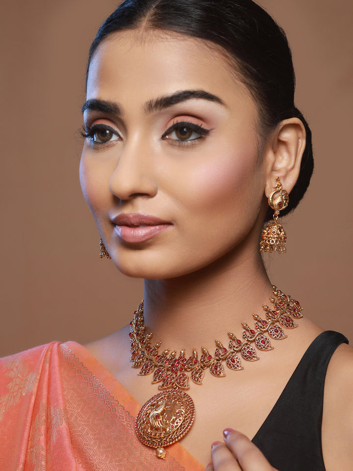 Priyaasi Pink Peacock Kemp Stones Gold-Plated Jewellery Set