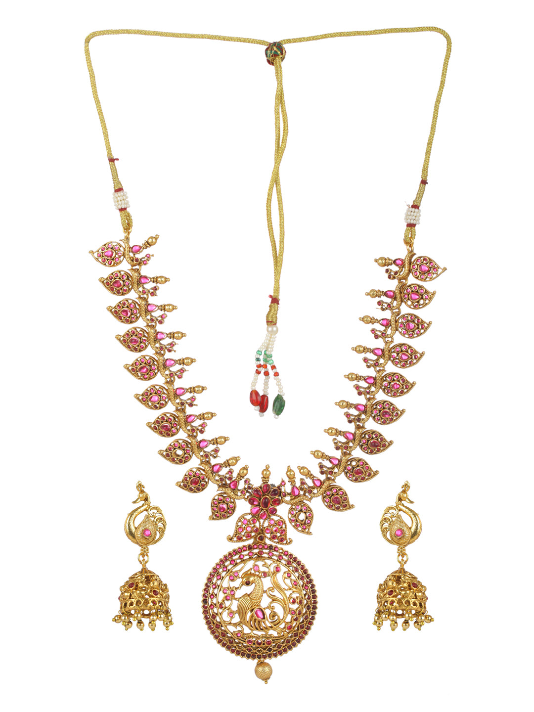 Priyaasi Pink Peacock Kemp Stones Gold-Plated Jewellery Set