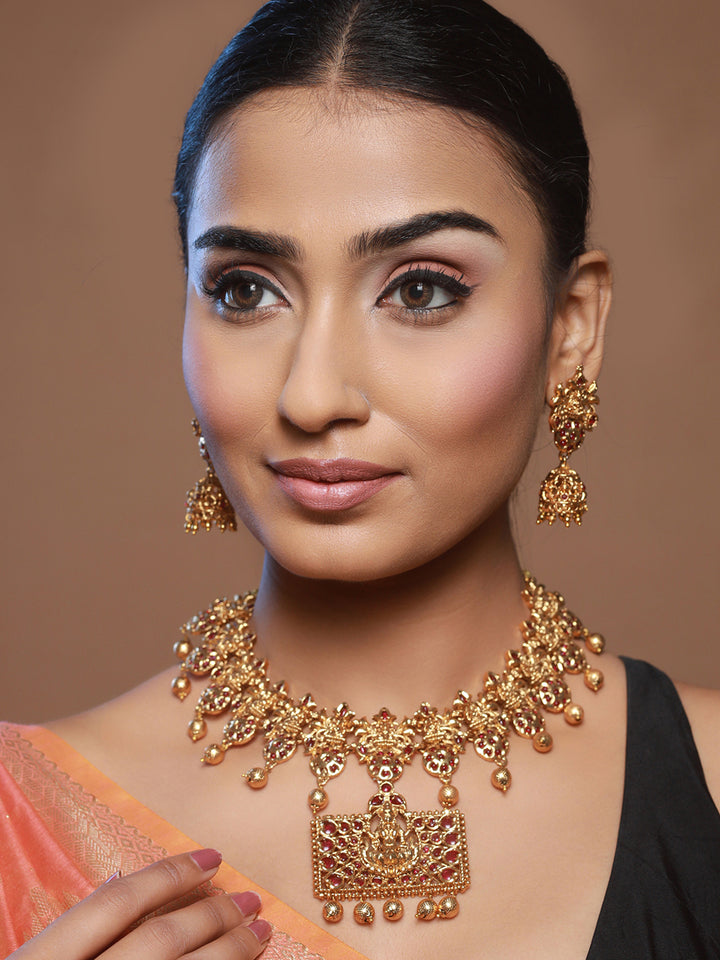 Priyaasi Pink Goddess Laxmi Kemp Stones Gold-Plated Jewellery Set