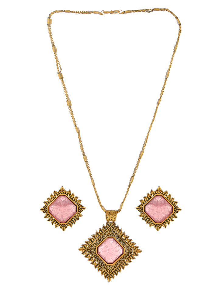 Priyaasi Pink Embossed Floral Gold-Plated Jewellery Set