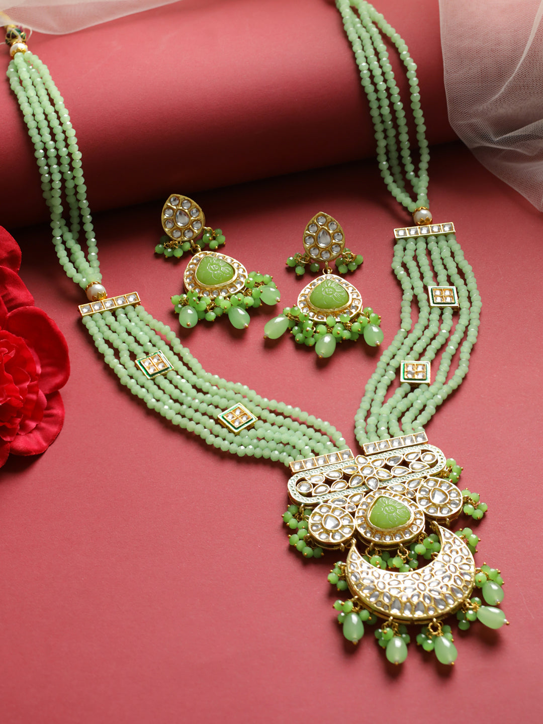 Priyaasi Green Floral Kundan Multilayer Maharani Haar Set