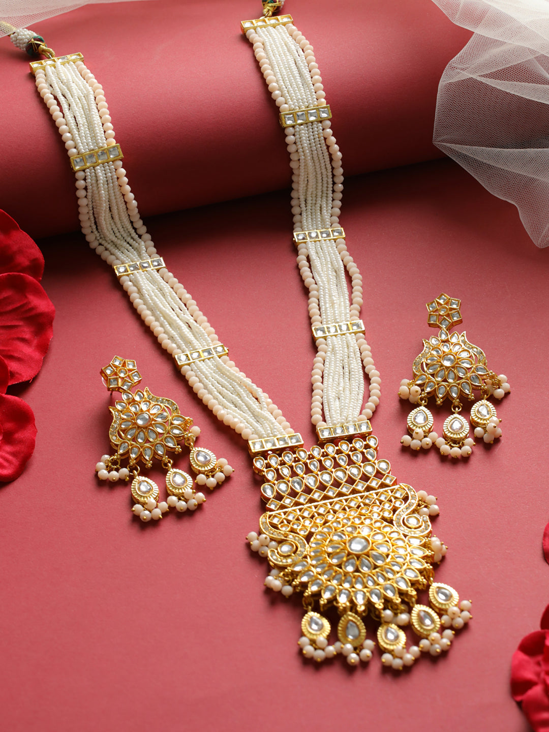 Priyaasi White Floral Kundan Multilayer Maharani Haar Set