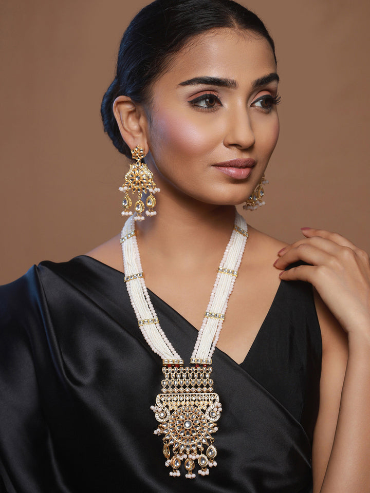 Priyaasi White Floral Kundan Multilayer Maharani Haar Set