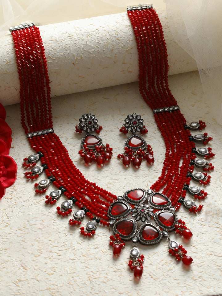 Priyaasi Red Floral Kundan Multilayer Maharani Haar Set