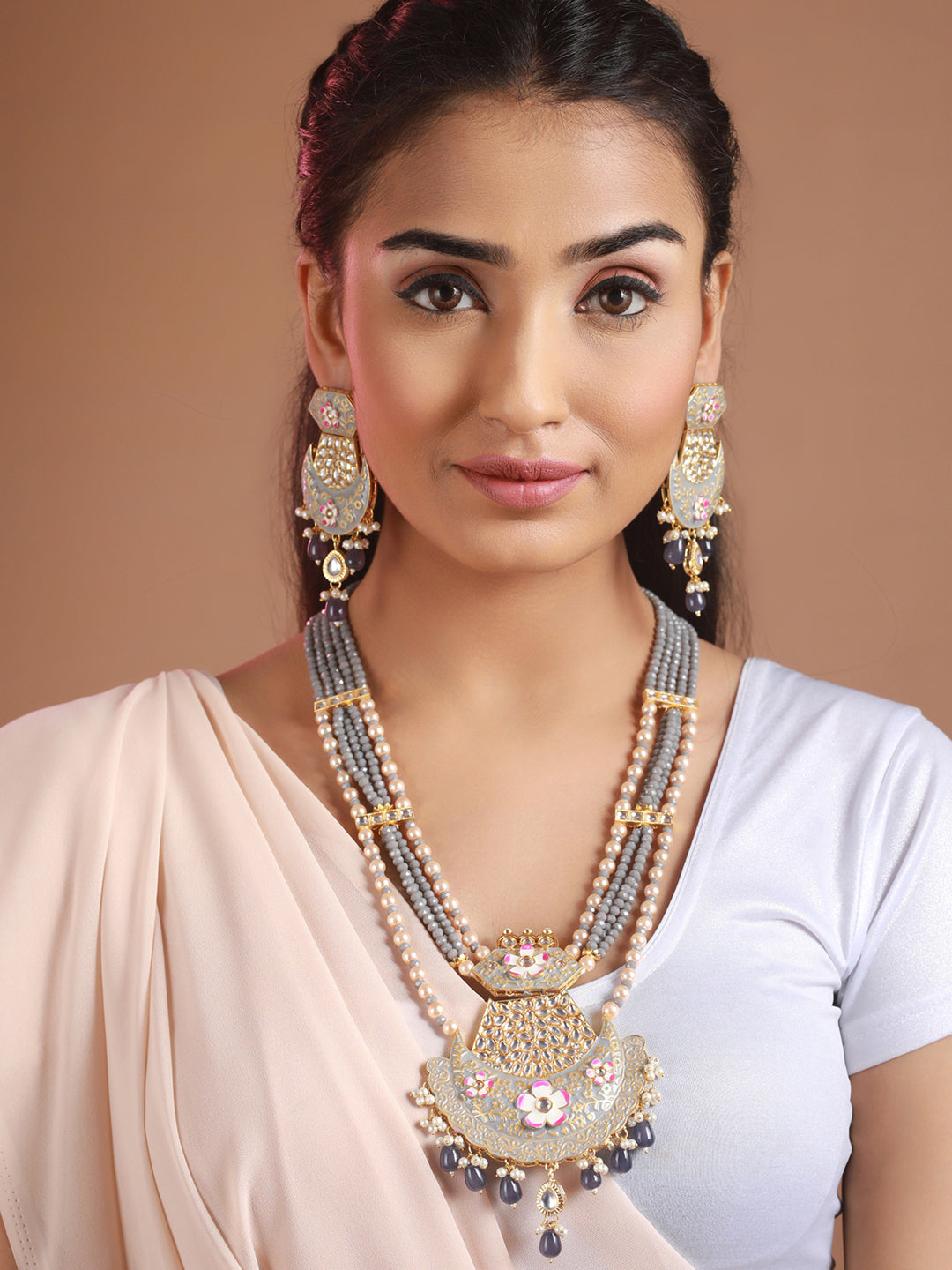 Priyaasi Grey Floral Kundan Meenakari Multilayer Maharani Haar Set
