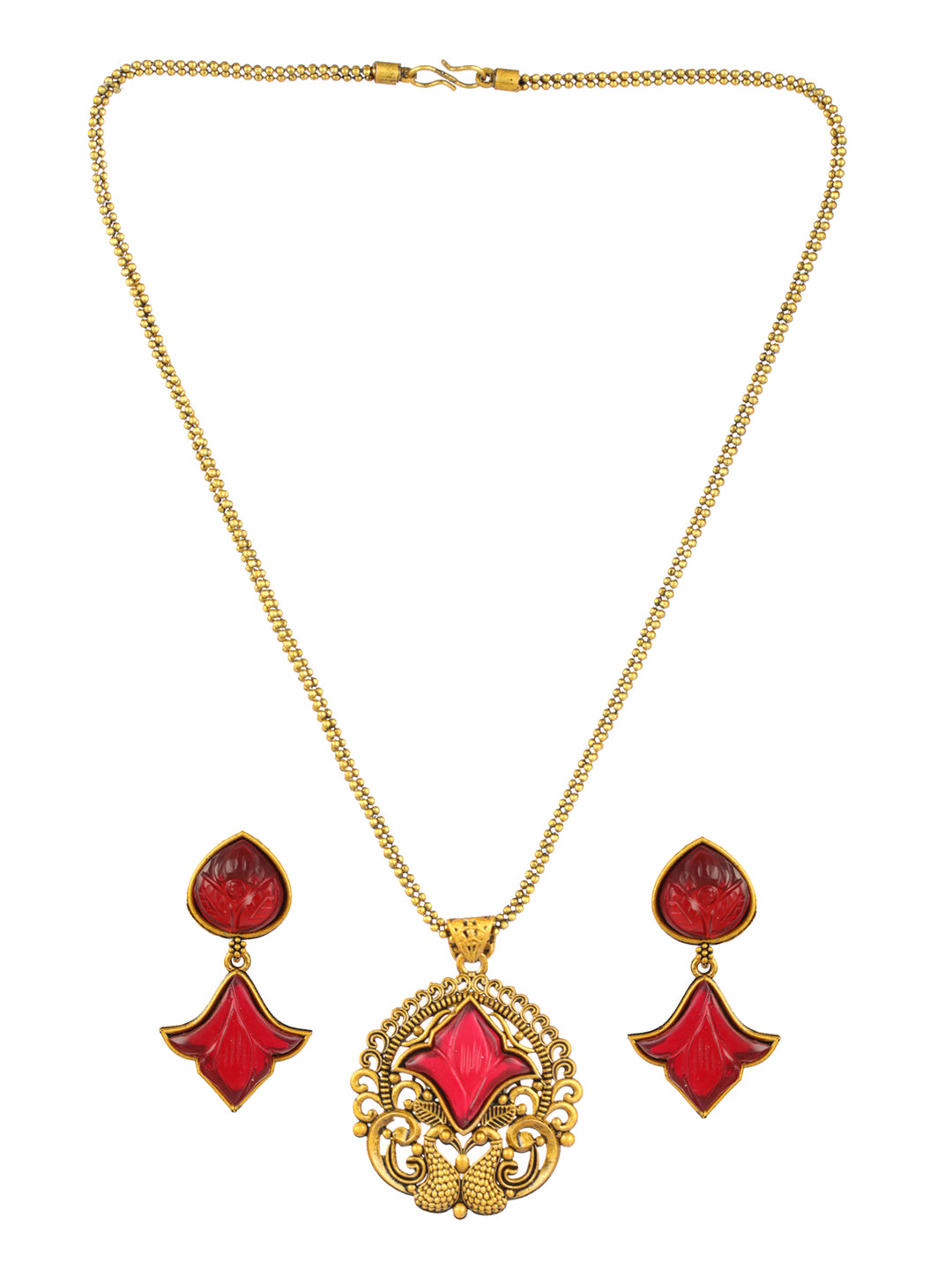Priyaasi Maroon Peacock Studded Gold-Plated Jewellery Set