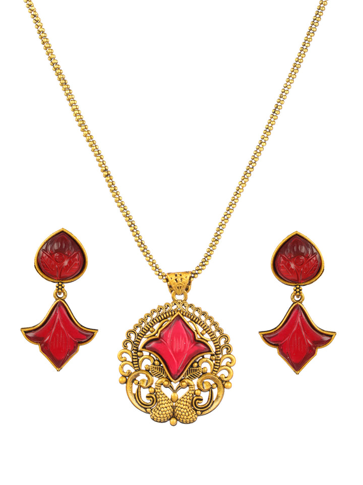 Priyaasi Maroon Peacock Studded Gold-Plated Jewellery Set