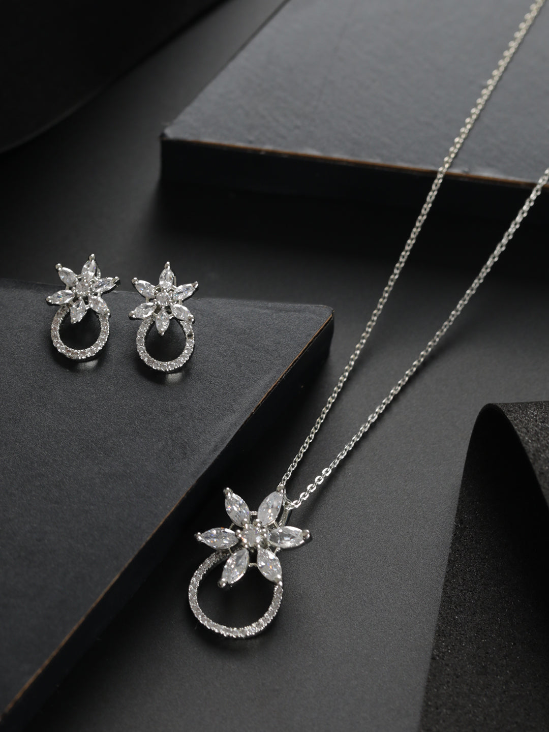 Priyaasi Floral American Diamond Silver-Plated Jewellery Set