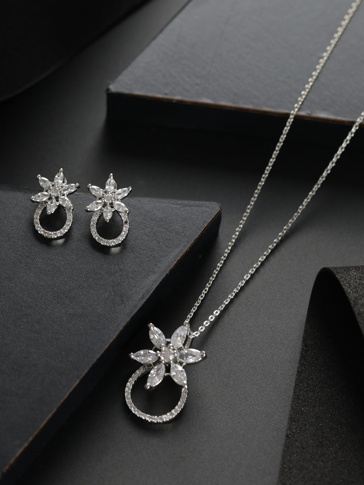 Priyaasi Floral American Diamond Silver-Plated Jewellery Set