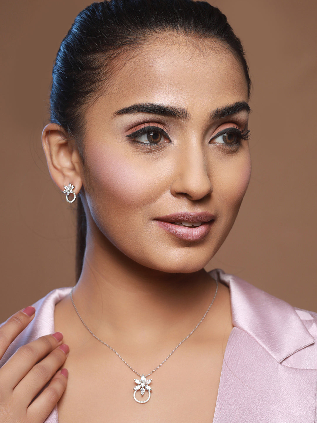Priyaasi Floral American Diamond Silver-Plated Jewellery Set