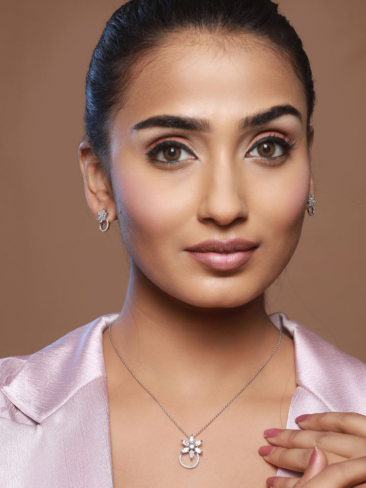 Priyaasi Floral American Diamond Silver-Plated Jewellery Set