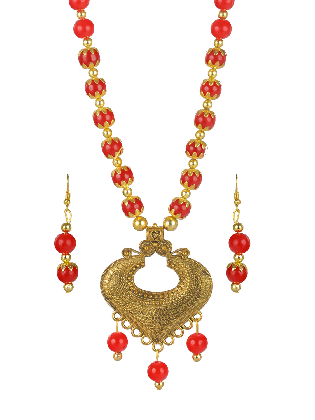 Priyaasi Red Beads Floral Gold-Plated Jewellery Set