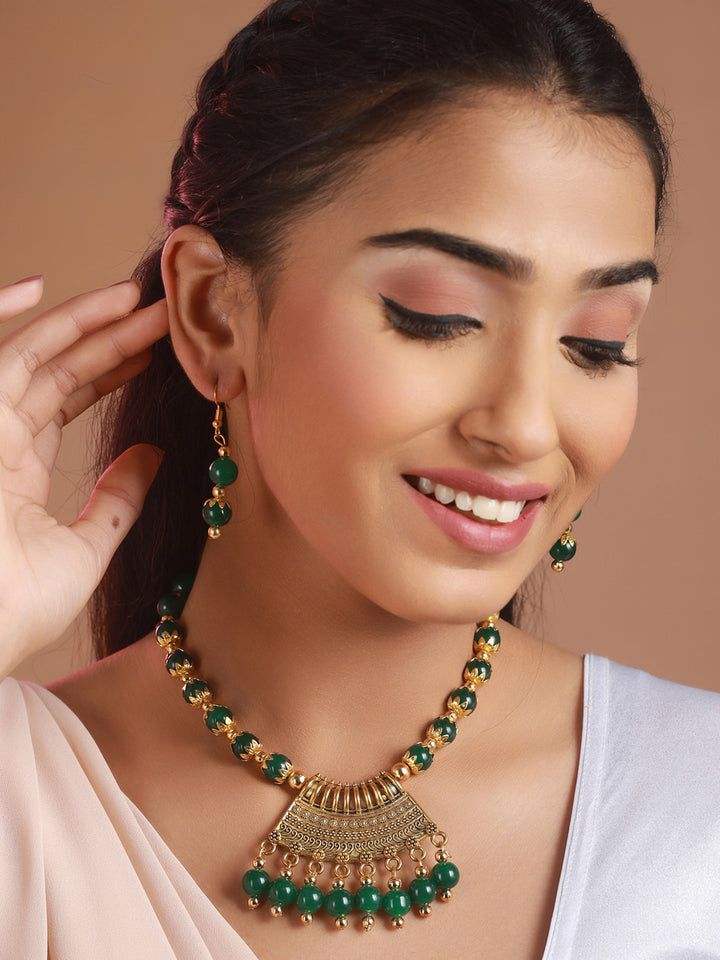 Priyaasi Green Beads Floral Gold-Plated Jewellery Set