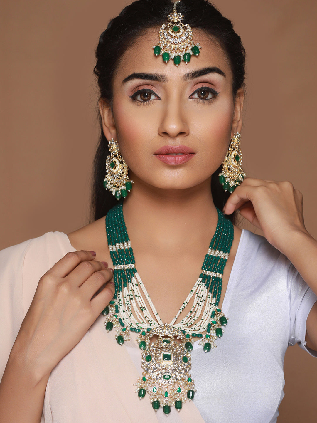 Priyaasi Green Floral Kundan Multilayer Gold-Plated Jewellery Set