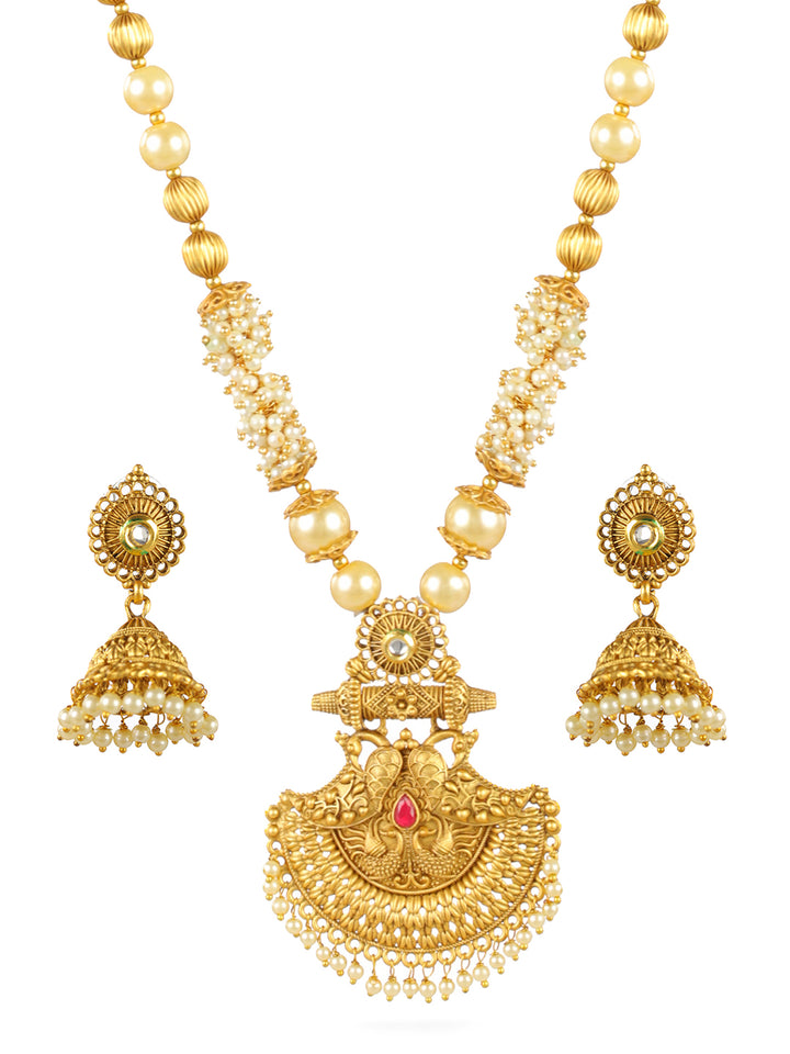 Priyaasi Red Studded Peacock Pearl Gold-Plated Jewellery Set