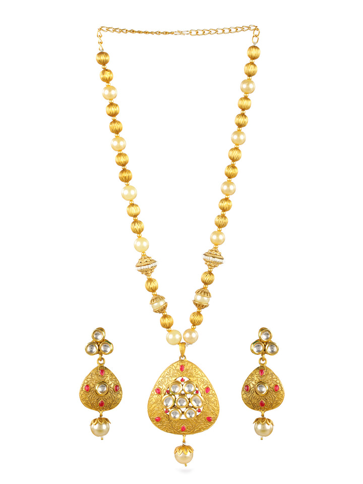 Priyaasi Stuuded Floral Kundan Pearl Gold-Plated Jewellery Set