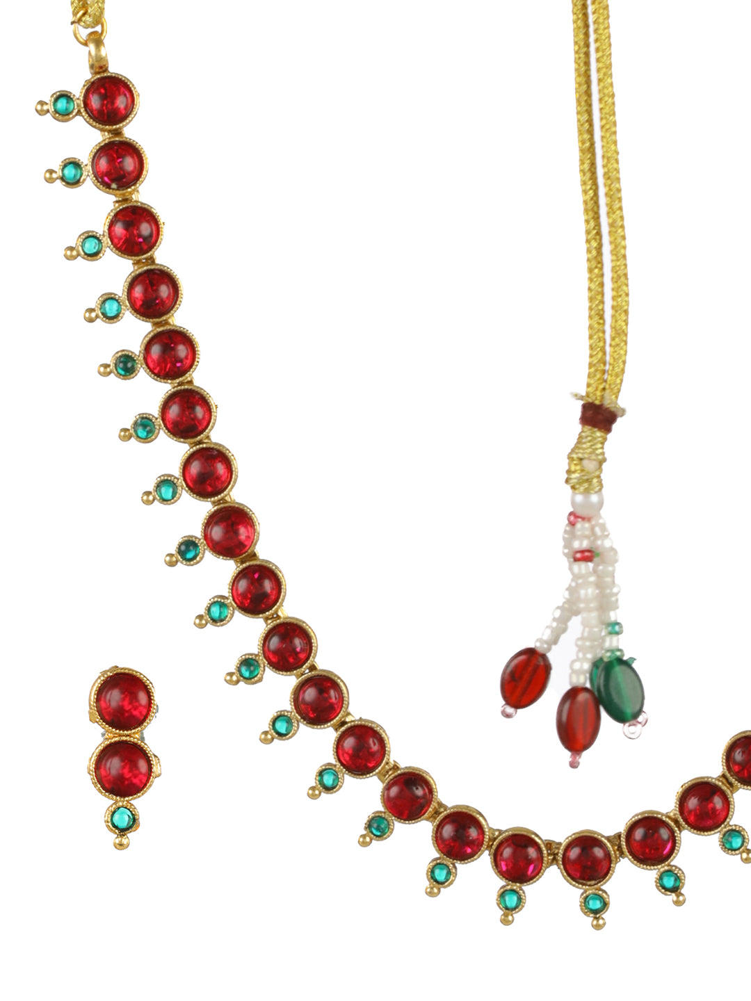 Priyaasi Studded Red Green Round Gold-Plated Jewellery Set